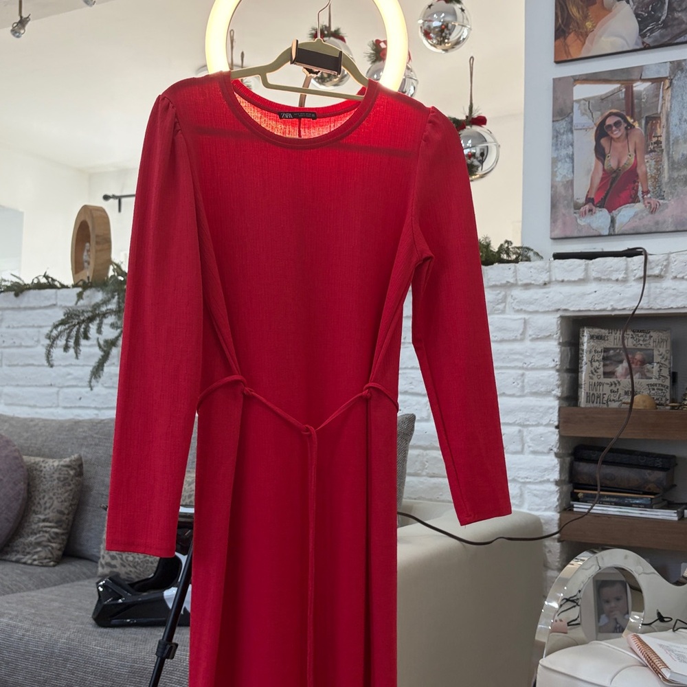 Zara Dress Cherry With Belt Long Sleeve